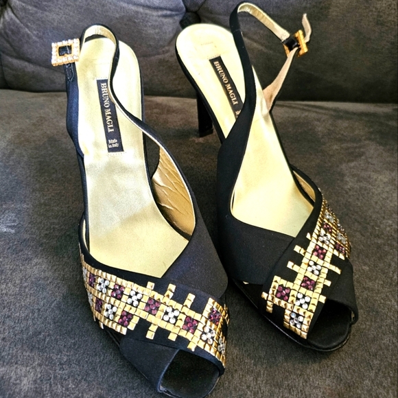 Bruno Magli Couture Black Slingback Heels Mixed Metal Metallic Italian Made 6 - Picture 1 of 6
